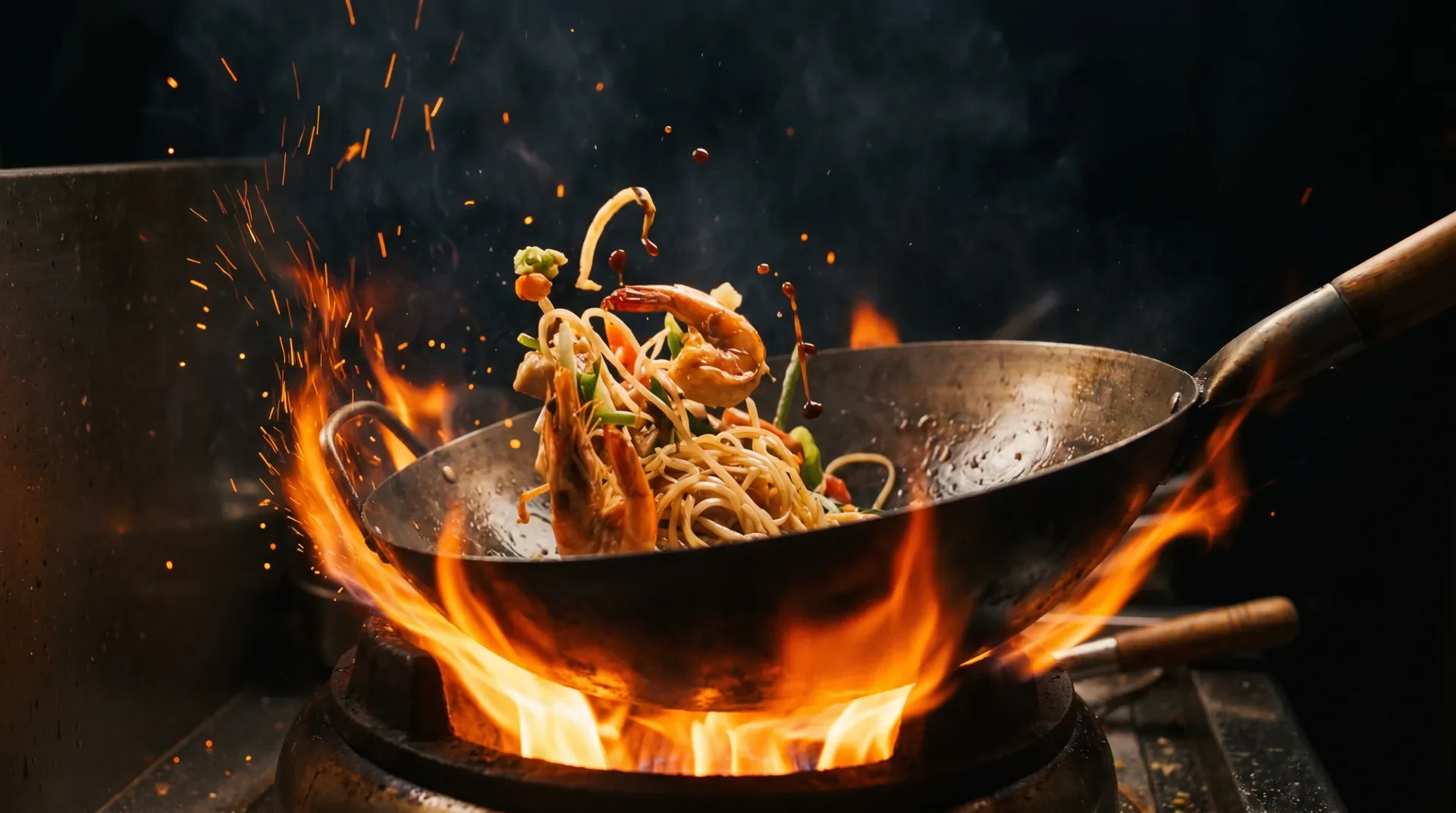 Brennender Wok mit Nudeln in einer asiatischen Küche